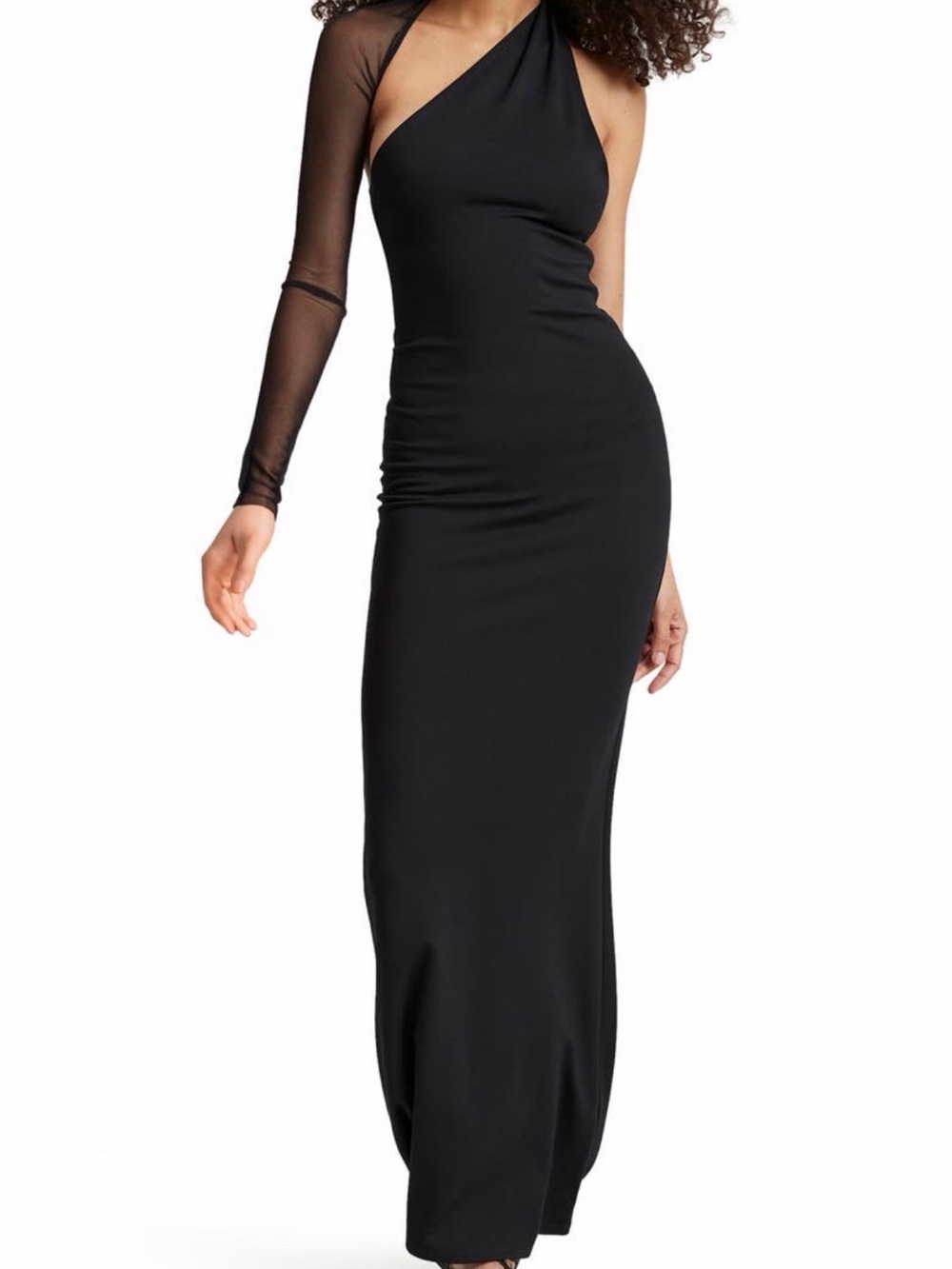 NWT Marcella Manhattan Mesh Sleeve One Shoulder Gown Black Size S